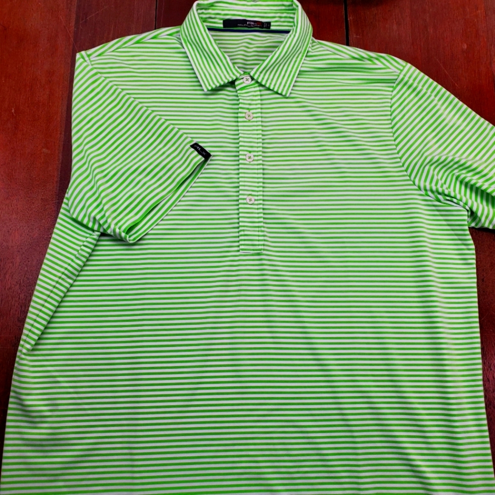RLX Ralph Lauren Mens Large Green Striped Golf Polo Shirt Light & Soft